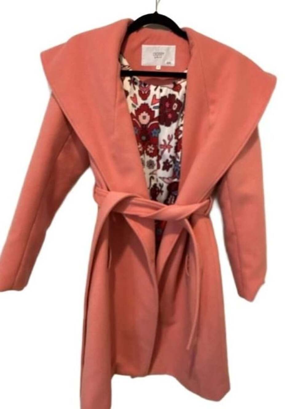 Crosby by Mollie Burch Pink Belted Wool Blend Coat with Floral Lining